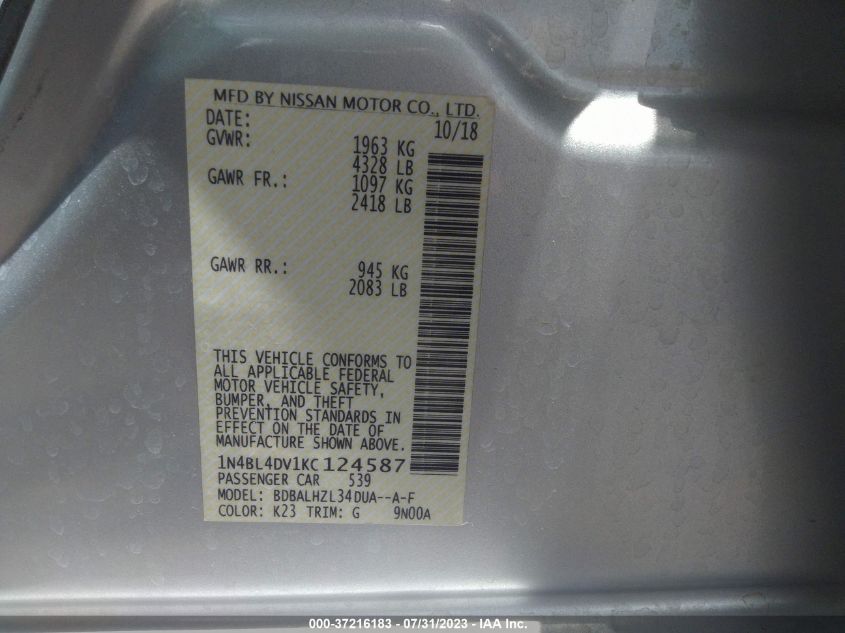 2019 NISSAN ALTIMA 2.5 SV - 1N4BL4DV1KC124587