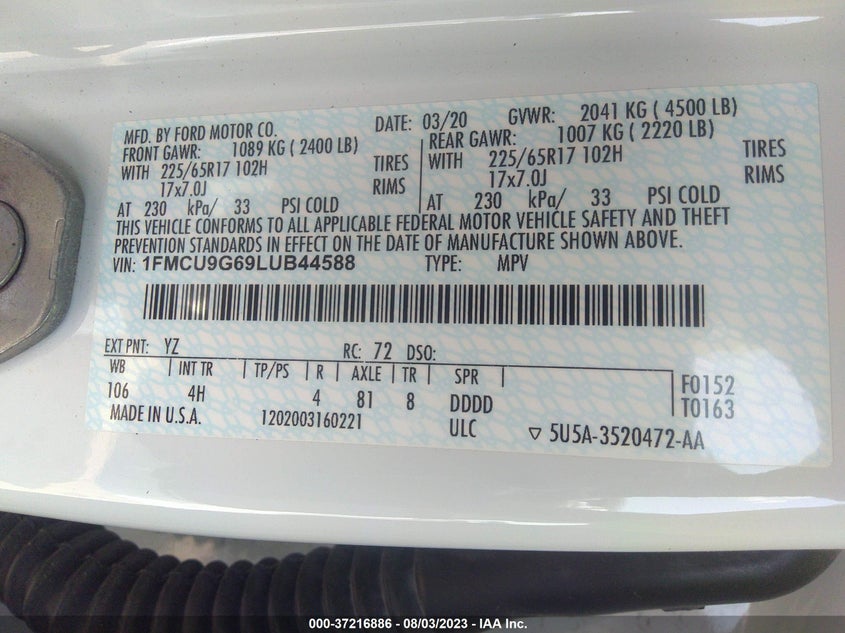 VIN 1FMCU9G69LUB44588 2020 FORD ESCAPE SE