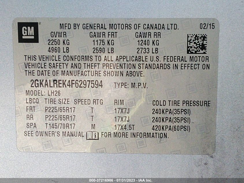 2015 GMC TERRAIN SLE - 2GKALREK4F6297594