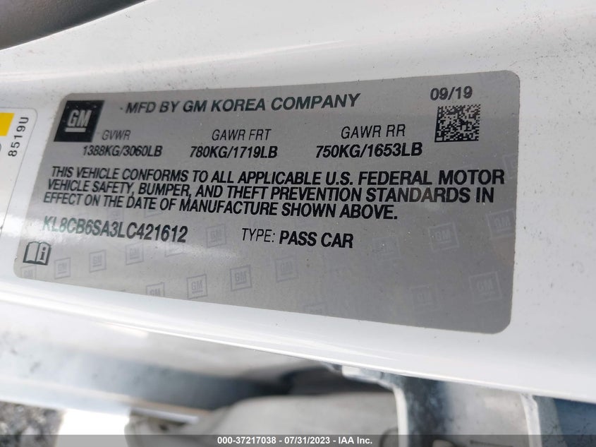 VIN KL8CB6SA3LC421612 2020 CHEVROLET SPARK LS