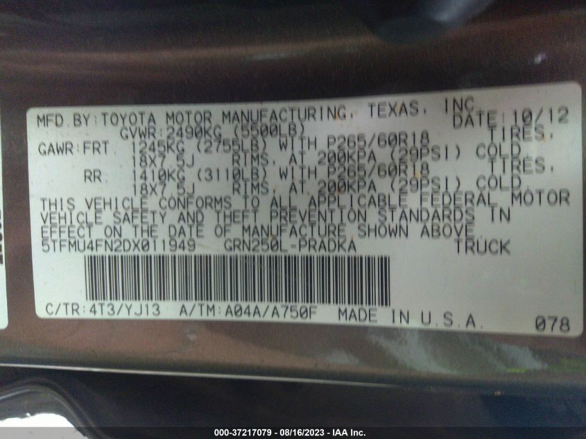 2013 TOYOTA TACOMA - 5TFMU4FN2DX011949