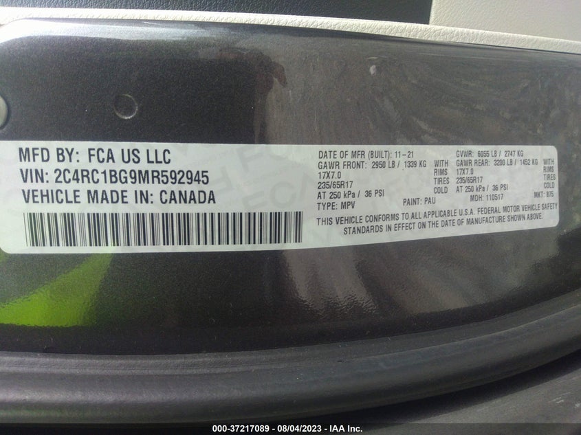 VIN 2C4RC1BG9MR592945 2021 CHRYSLER PACIFICA TOURING L