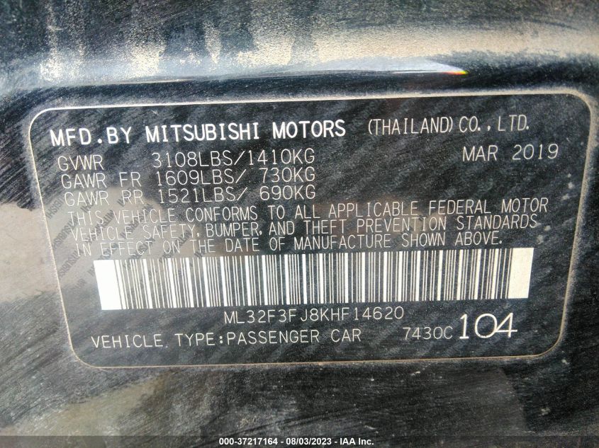 2019 MITSUBISHI MIRAGE G4 ES/RF - ML32F3FJ8KHF14620