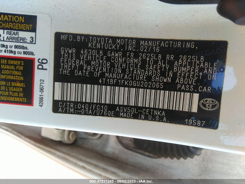 2016 TOYOTA CAMRY XLE/SE/LE/XSE - 4T1BF1FK0GU202065