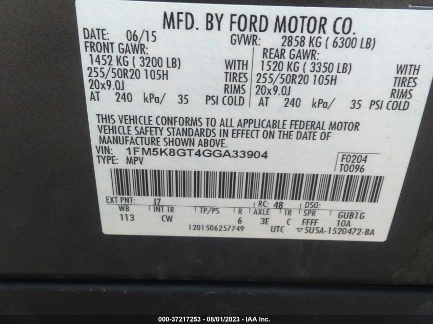 2016 FORD EXPLORER SPORT - 1FM5K8GT4GGA33904