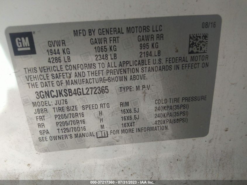 2016 CHEVROLET TRAX LS - 3GNCJKSB4GL272365