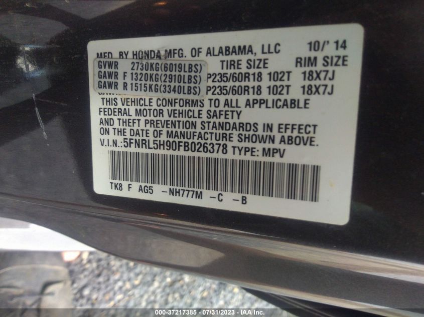 2015 HONDA ODYSSEY TOURING - 5FNRL5H90FB026378