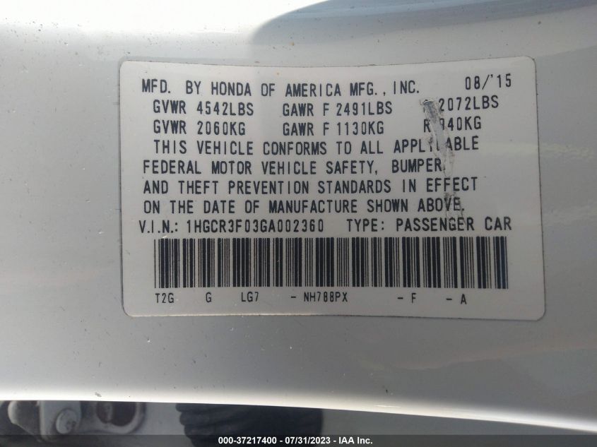2016 HONDA ACCORD SEDAN EX-L - 1HGCR3F03GA002360