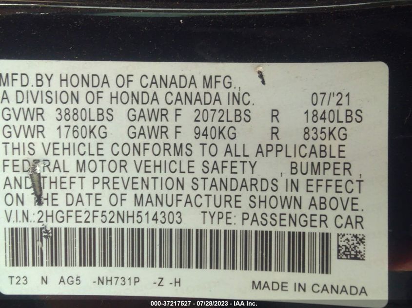 2022 HONDA CIVIC SEDAN SPORT - 2HGFE2F52NH514303