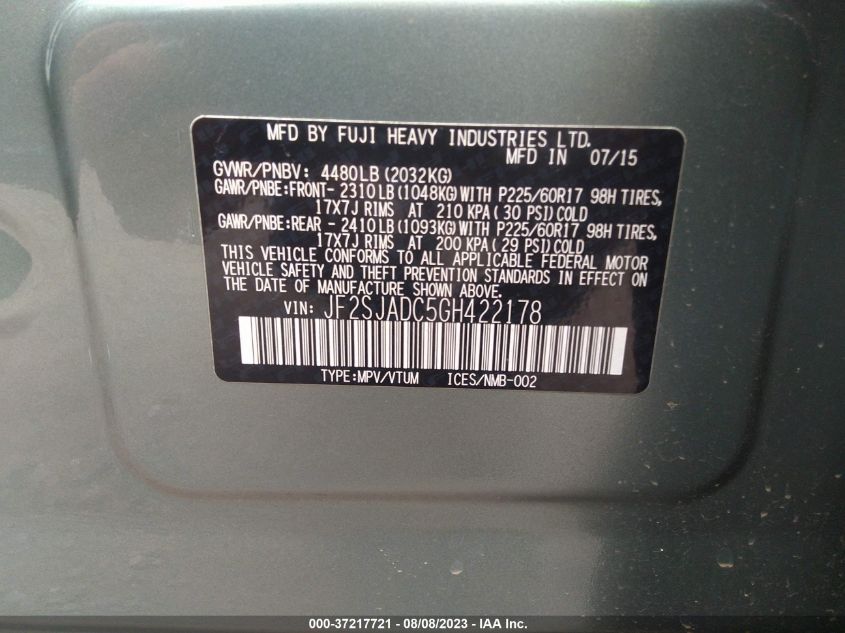 2016 SUBARU FORESTER 2.5I PREMIUM - JF2SJADC5GH422178