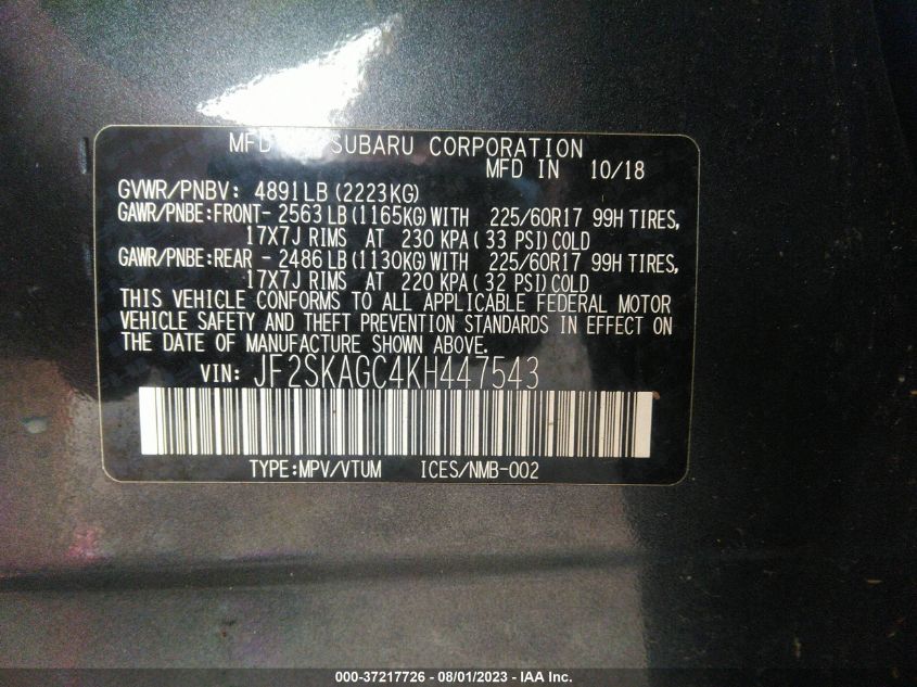 2019 SUBARU FORESTER PREMIUM - JF2SKAGC4KH447543