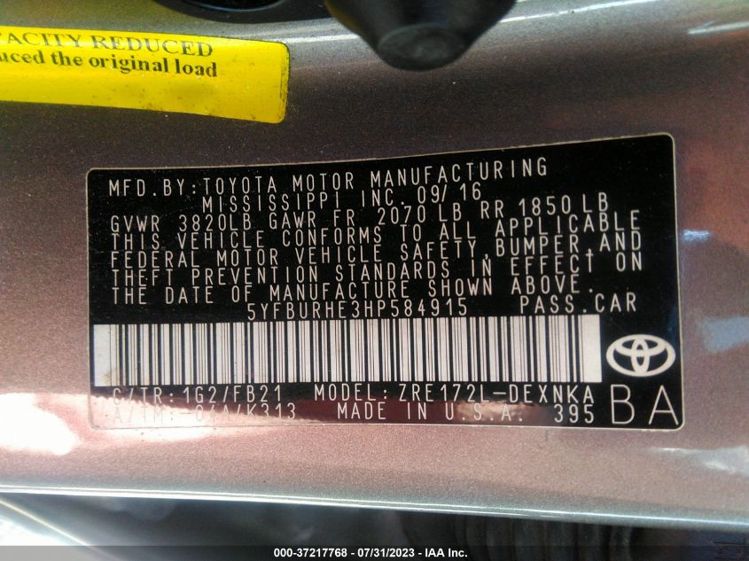 2017 TOYOTA COROLLA L/LE/XLE/SE/XSE - 5YFBURHE3HP584915
