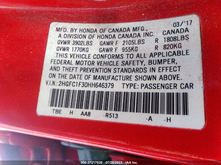 2017 HONDA CIVIC SEDAN EX-T - 2HGFC1F30HH646379