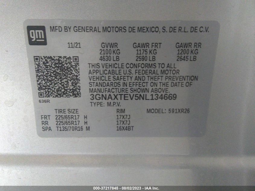 2022 CHEVROLET EQUINOX LT - 3GNAXTEV5NL134669