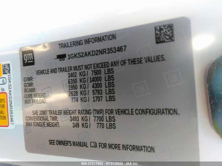 2022 GMC YUKON SLE - 1GKS2AKD2NR353467