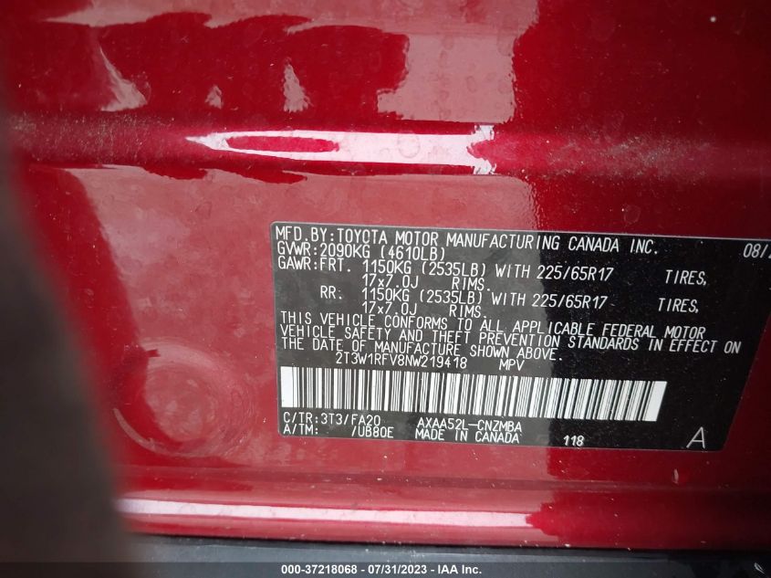 2022 TOYOTA RAV4 XLE/XLE PREMIUM - 2T3W1RFV8NW219418