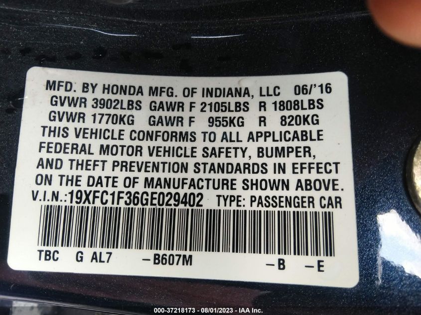 2016 HONDA CIVIC SEDAN EX-T - 19XFC1F36GE029402