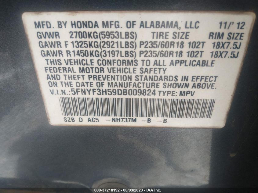2013 HONDA PILOT EXL - 5FNYF3H59DB009824