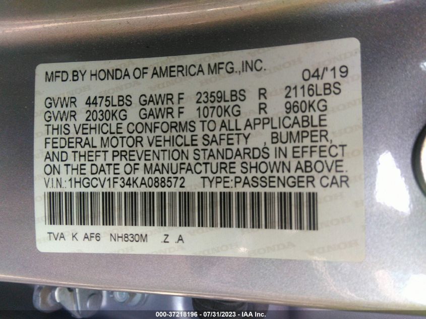 2019 HONDA ACCORD SEDAN SPORT 1.5T - 1HGCV1F34KA088572