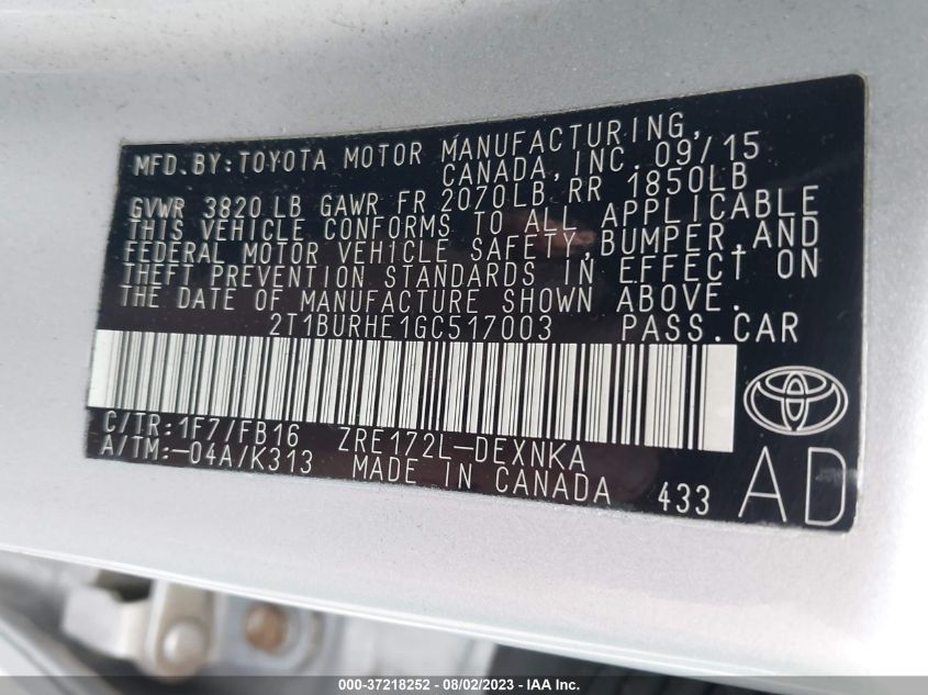 2016 TOYOTA COROLLA L/LE/LE PLS/PRM/S/S PLS - 2T1BURHE1GC517003
