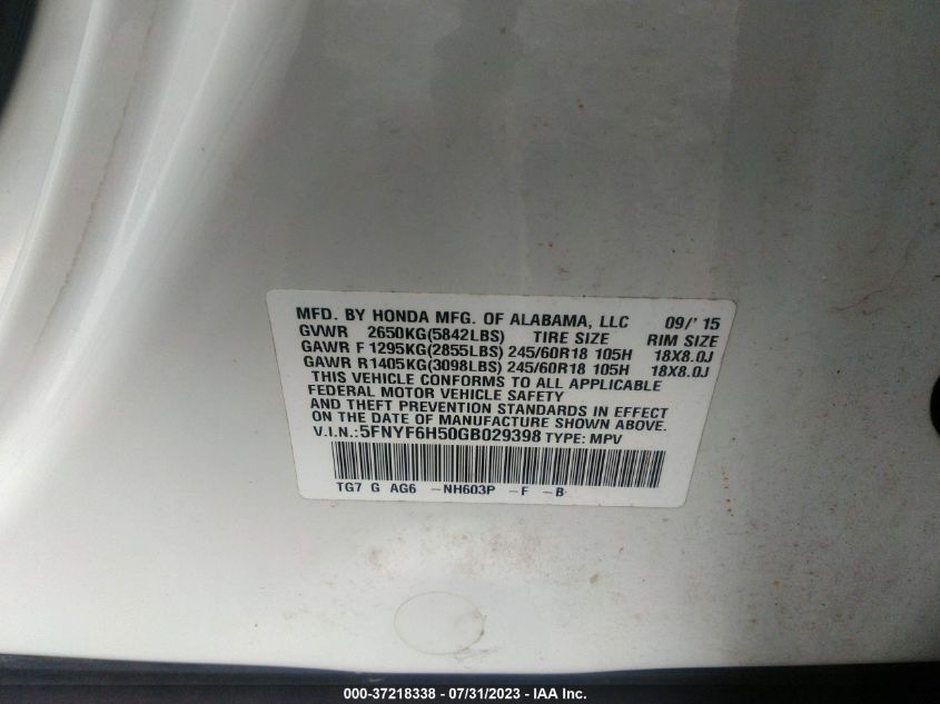 2016 HONDA PILOT EX-L - 5FNYF6H50GB029398