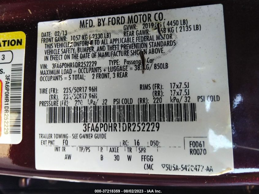 2013 FORD FUSION SE - 3FA6P0HR1DR252229