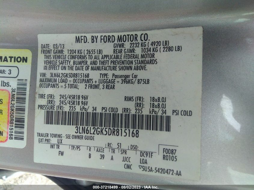 2013 LINCOLN MKZ - 3LN6L2GK5DR815168