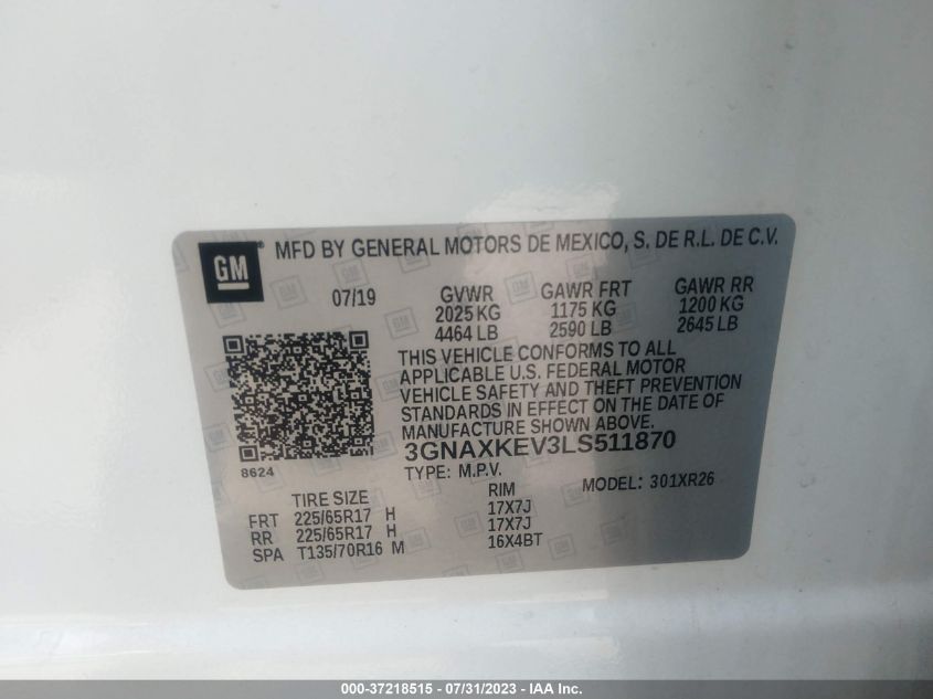2020 CHEVROLET EQUINOX LT - 3GNAXKEV3LS511870