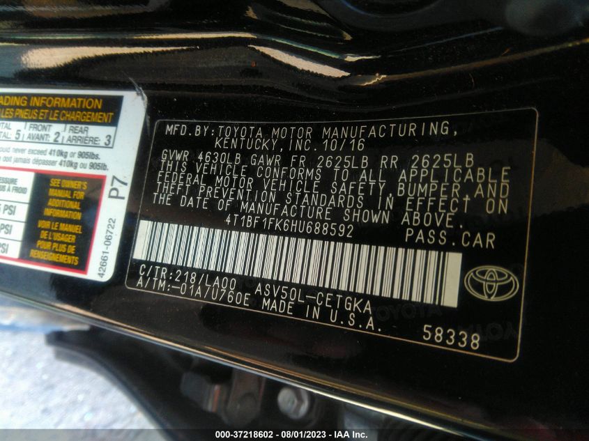 2017 TOYOTA CAMRY XLE/SE/LE/XSE - 4T1BF1FK6HU688592