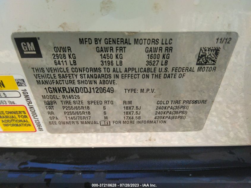2013 CHEVROLET TRAVERSE LT - 1GNKRJKD0DJ120649