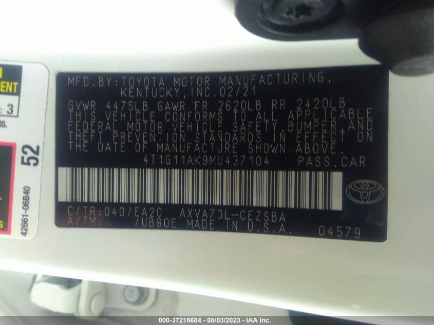 2021 TOYOTA CAMRY SE - 4T1G11AK9MU437104