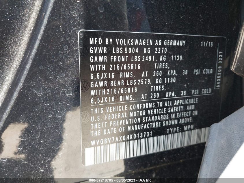 2017 VOLKSWAGEN TIGUAN - WVGBV7AX0HK013731