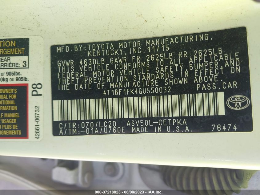 2016 TOYOTA CAMRY XLE/SE/LE/XSE - 4T1BF1FK4GU550032