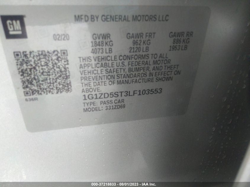 2020 CHEVROLET MALIBU LT - 1G1ZD5ST3LF103553