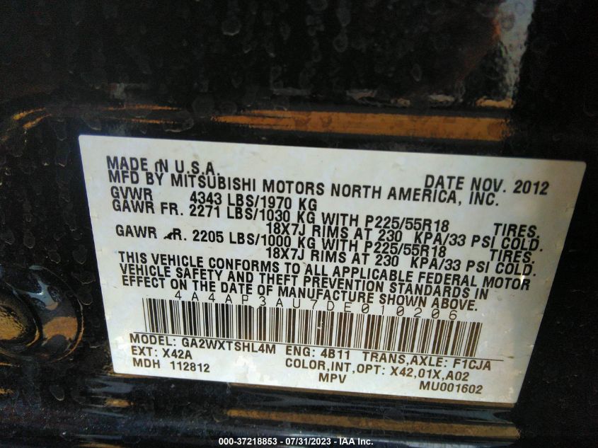 2013 MITSUBISHI OUTLANDER SPORT ES - 4A4AP3AU7DE010206