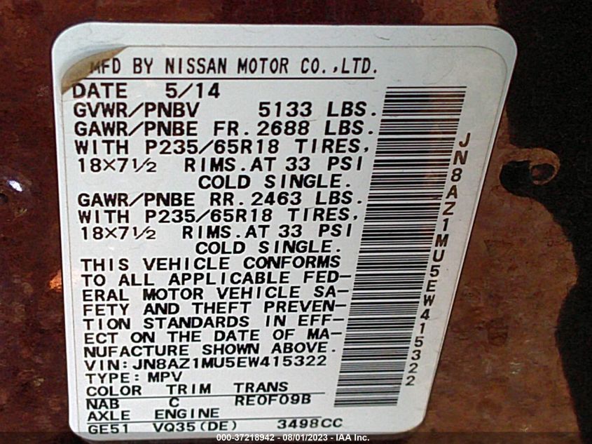 2014 NISSAN MURANO SL - JN8AZ1MU5EW415322