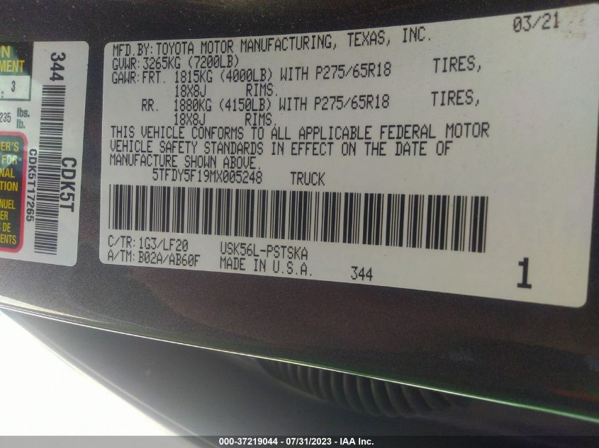 2021 TOYOTA TUNDRA 4WD SR5/TRD PRO - 5TFDY5F19MX005248