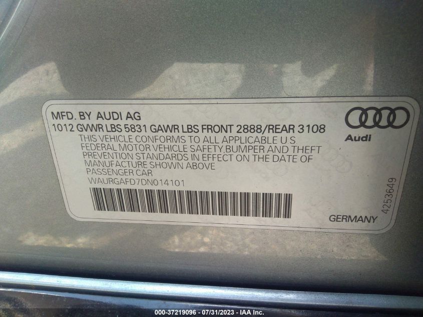 2013 AUDI A8 L 3.0L WAURGAFD7DN014101