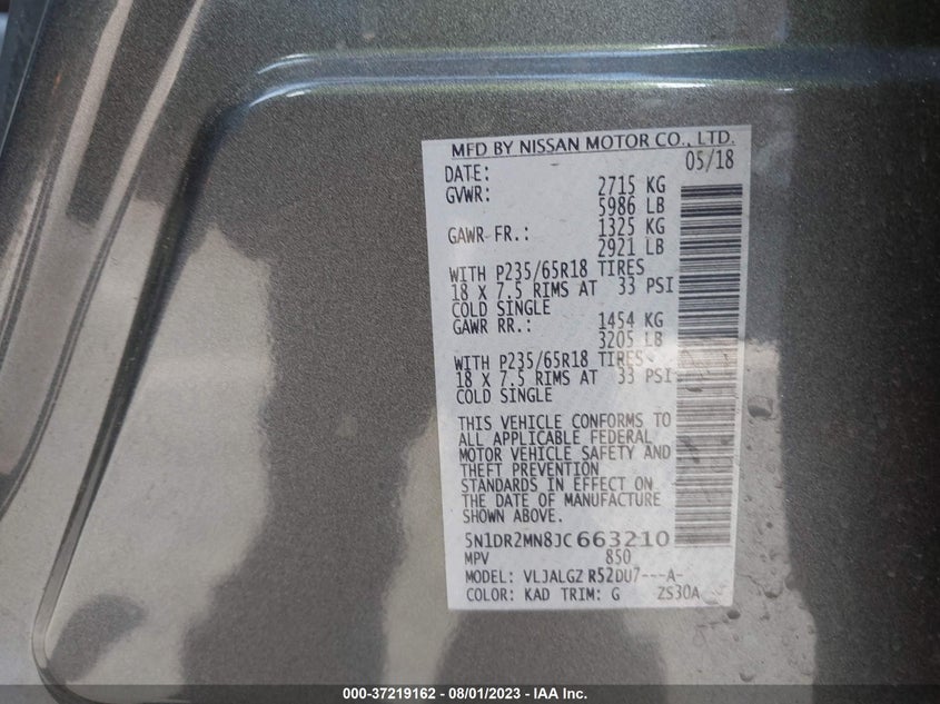 VIN 5N1DR2MN8JC663210 2018 NISSAN PATHFINDER SL