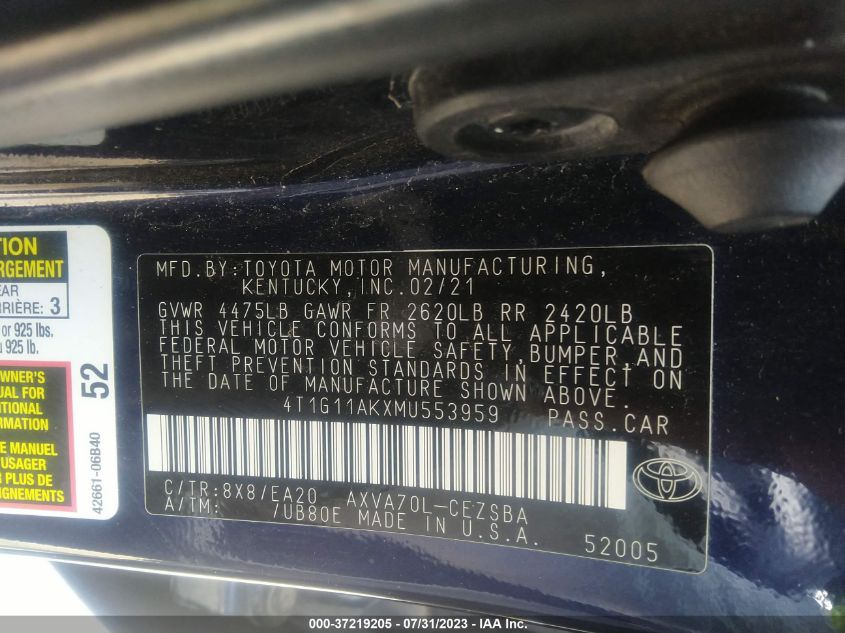 2021 TOYOTA CAMRY SE - 4T1G11AKXMU553959