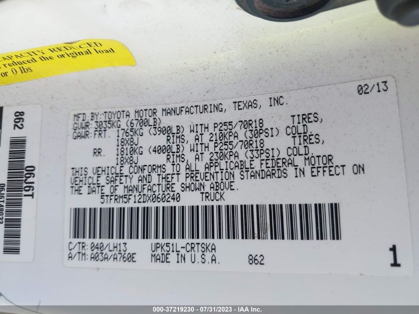 2013 TOYOTA TUNDRA 2WD TRUCK - 5TFRM5F12DX060240