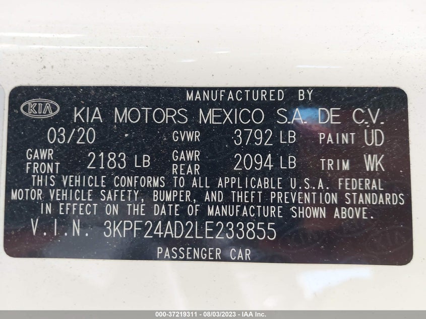 VIN 3KPF24AD2LE233855 2020 KIA FORTE LXS