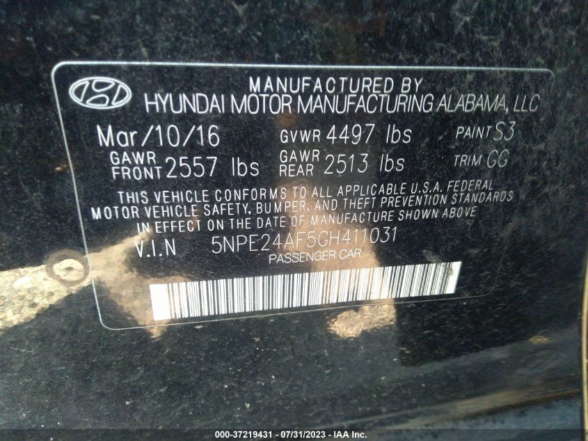 2016 HYUNDAI SONATA 2.4L - 5NPE24AF5GH411031