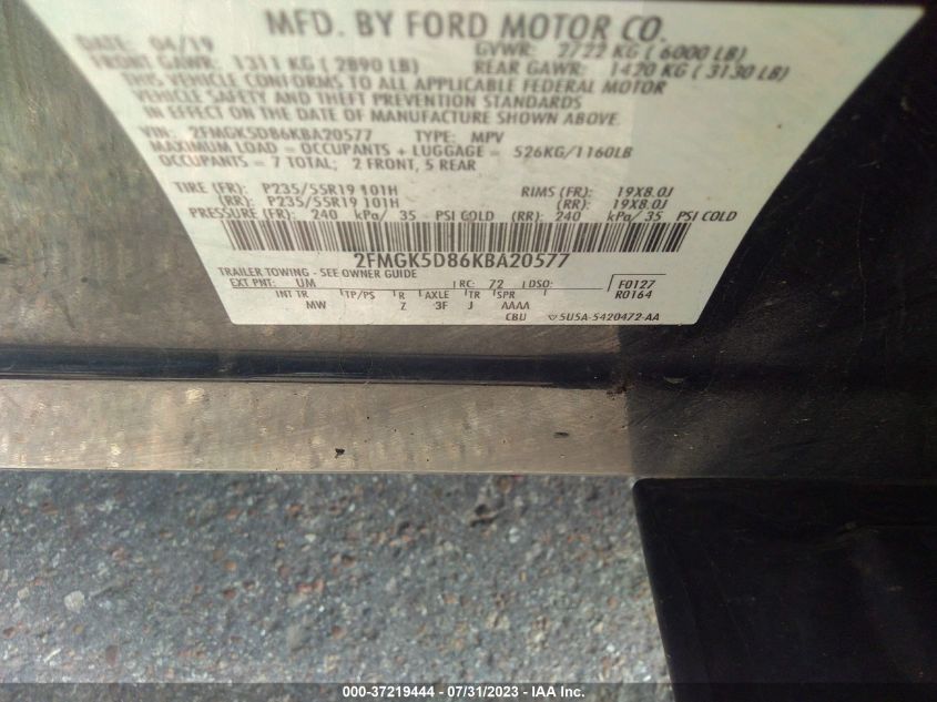 2019 FORD FLEX LIMITED 2FMGK5D86KBA20577
