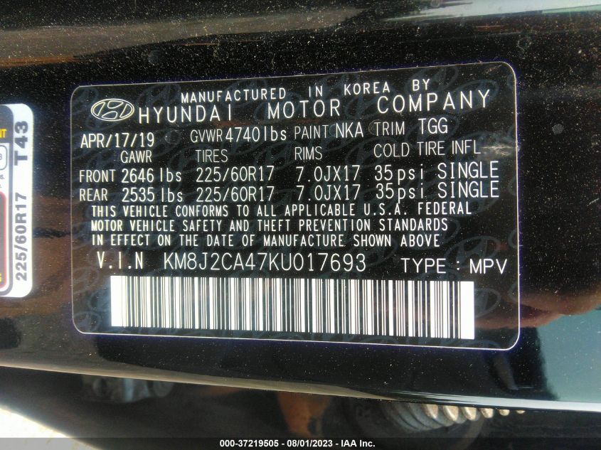 2019 HYUNDAI TUCSON SE - KM8J2CA47KU017693