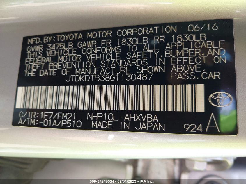 2016 TOYOTA PRIUS C ONE/TWO/THREE/FOUR - JTDKDTB38G1130487