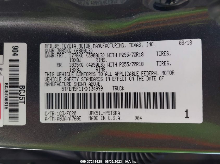 2019 TOYOTA TUNDRA 2WD SR5 - 5TFEM5F11KX134999