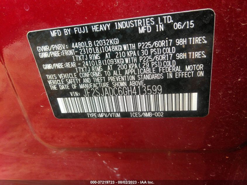2016 SUBARU FORESTER 2.5I PREMIUM - JF2SJADC6GH413599
