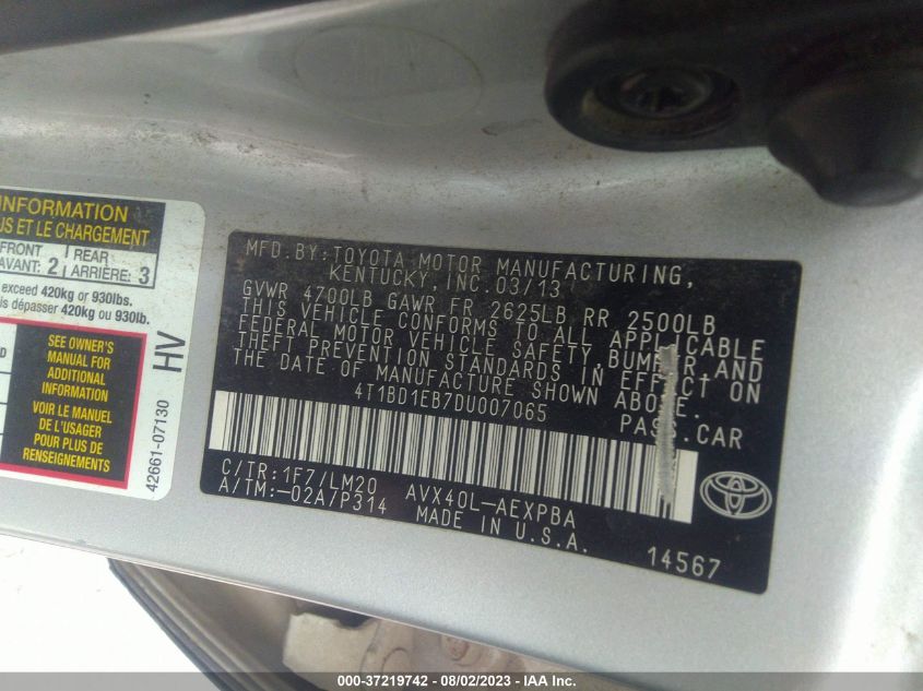 2013 TOYOTA AVALON HYBRID XLE PREMIUM 4T1BD1EB7DU007065