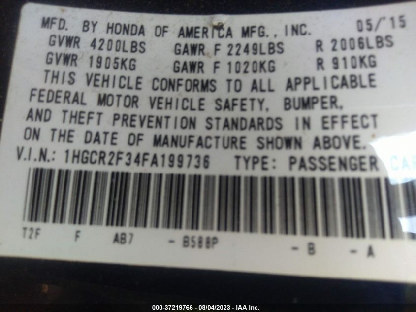 2015 HONDA ACCORD SEDAN LX - 1HGCR2F34FA199736